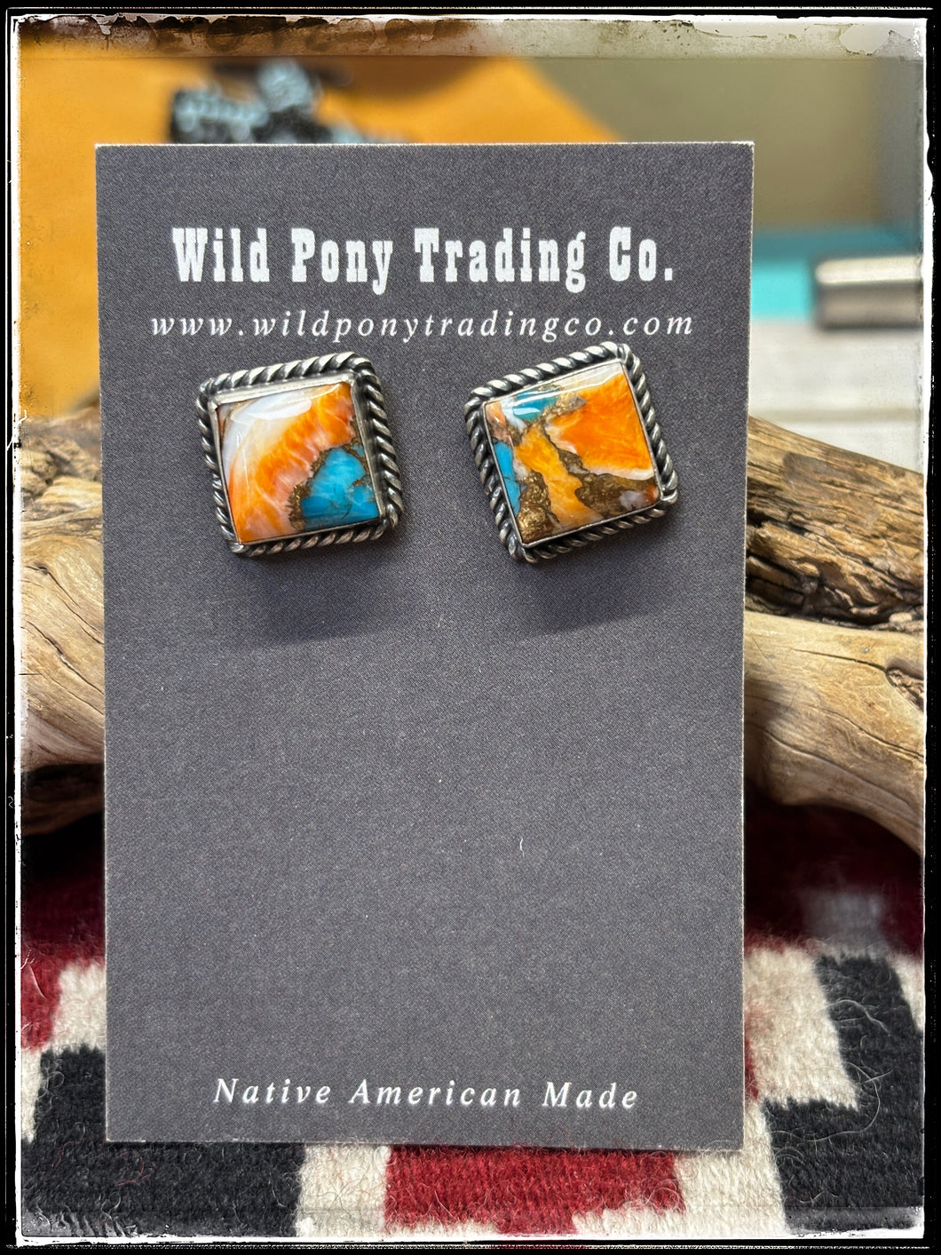 Judith Dixon, Navajo silversmith. Sterling silver and orange krush square stud earrings.  