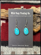 Load image into Gallery viewer, Rosemary Saunders, Navajo silversmith.  Sterling silver and Sonoran Gem turquoise dangle earrings. 
