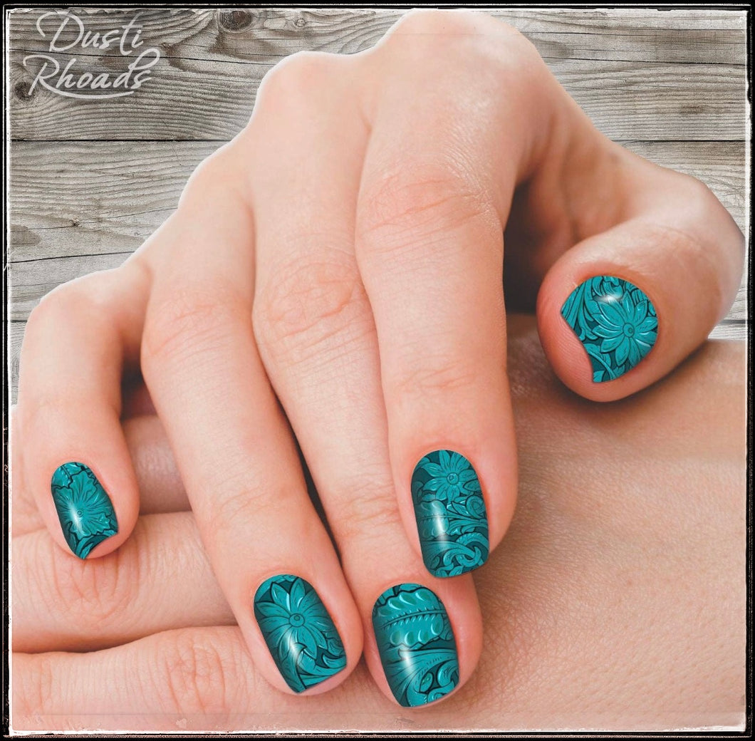 Saddle Up turquoise tooled leather nail polish strips from Dusti Rhoads