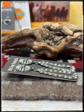 Load image into Gallery viewer, Eugene Charlie, Navajo silversmith.  Sterling silver concho and starshot earrings. 
