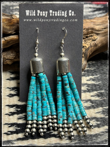 Sterling silver and turquoise disc tassel earrings. 