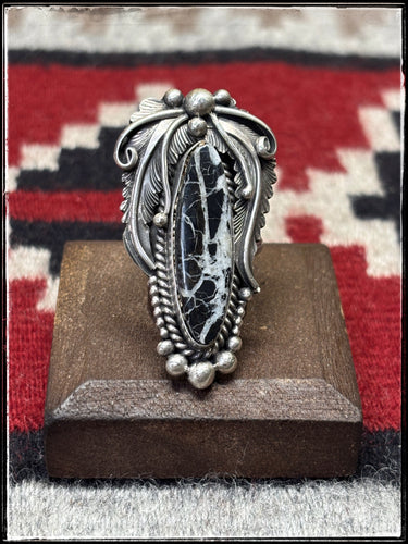 Jimmy Lee, Navajo silversmith.  Sterling silver and White Buffalo ring with an adjustable band. 