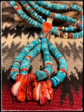 Load image into Gallery viewer, Daniel Coriz, Santo Domingo Pueblo artist - turquoise bead and spiny oyster beads along with a sterling silver, turquoise, and spiny oyster Jacla pendant. 
