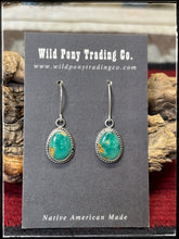 Load image into Gallery viewer, Rosemary Saunders, Navajo silversmith.  Sterling silver and Sonoran Gem turquoise dangle earrings. 
