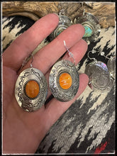 Load image into Gallery viewer, Orange spiny Hand stamped, sterling silver and either turquoise, orange spiny or plain silver earrings from Navajo silversmith Ernest &quot;Bo&quot; Reeder. 

