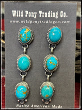 Load image into Gallery viewer, Freda Martinez, Navajo silversmith.  Sterling silver and Kingman turquoise triple drop post style earrings.  

