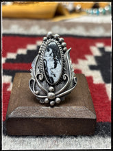 Load image into Gallery viewer, Jimmy Lee, Navajo silversmith.  Sterling silver and White Buffalo ring with an adjustable band. 
