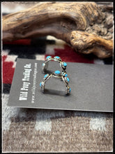 Load image into Gallery viewer, Sterling silver and turquoise cabs, petite hoop earrings. Zuni hand made. 
