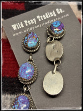 Load image into Gallery viewer, Purple Mojave (composite stone), triple stone earrings from Navajo silversmith Freda Martinez.  Hallmark stamp. 
