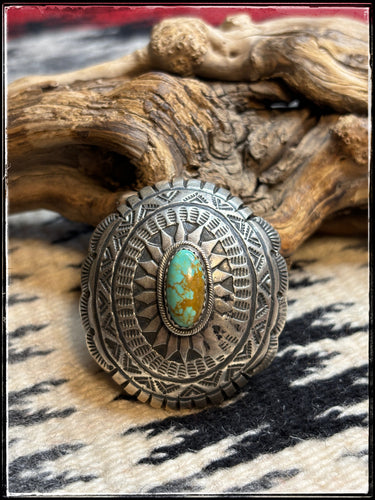 Robert Shakey, Navajo silversmith.  Sterling silver and turquoise domed, pillow top ring.  Robert Shakey, Navajo silversmith.  Sterling silver and turquoise domed, pillow top ring.  