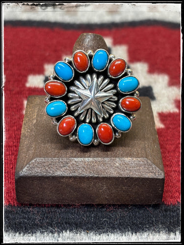 Pansy Johnson, Navajo silversmith.  Sterling , coral,and turquoise ring, size 7. 