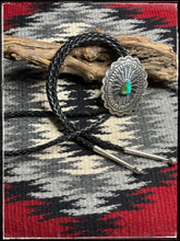 Load image into Gallery viewer, Sterling silver and Sonoran Gold turquoise bolo ties with black, braided, leather cords and sterling silver tips.

