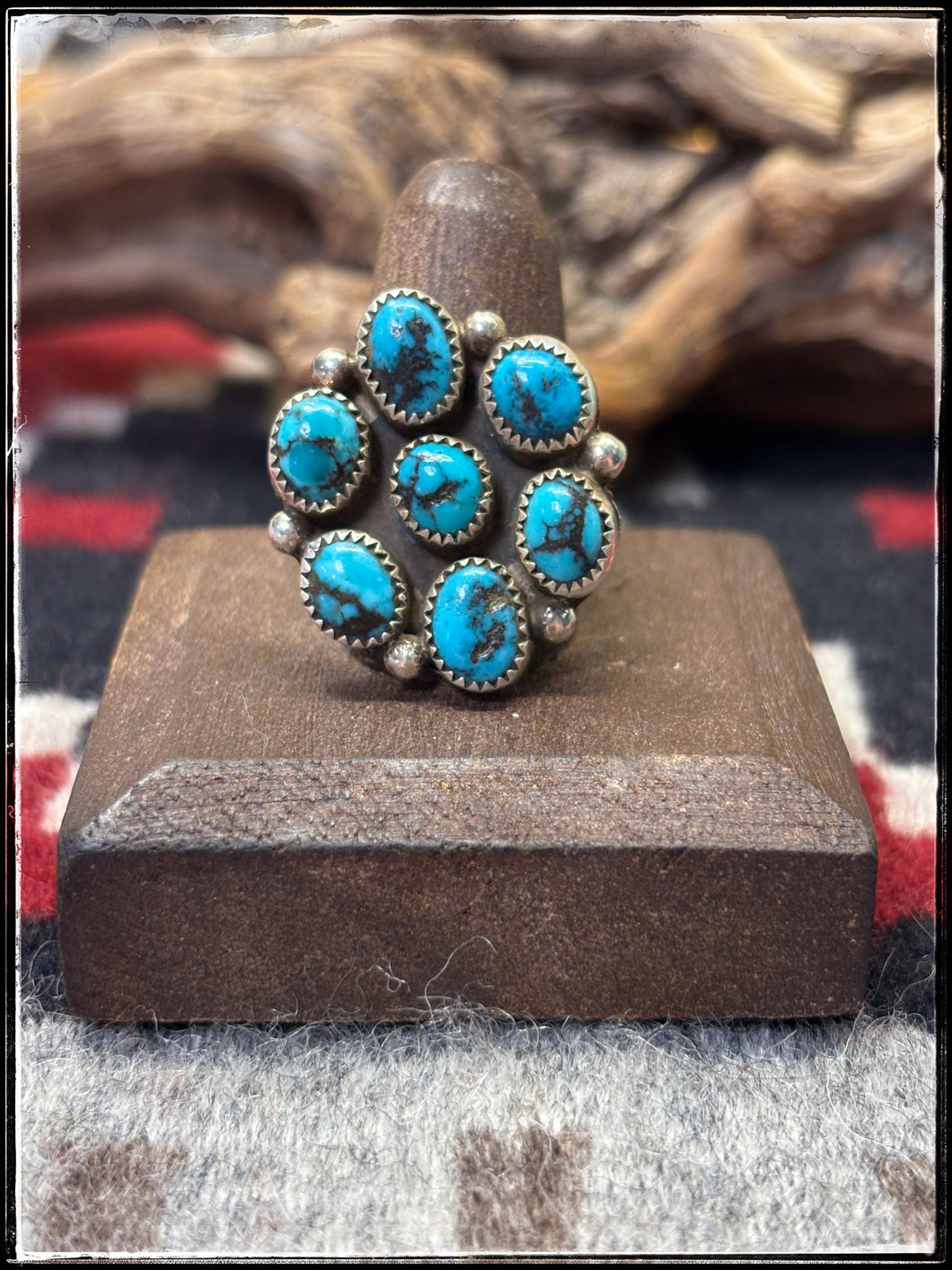 Priscilla Reeder, Navajo silversmith.  Sterling silver and turquoise cluster ring. Size 9. 