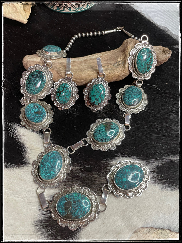 Sterling silver and Hubei turquoise Y necklace from Navajo silversmith Ernest Reeder 