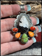 Load image into Gallery viewer, Kee Johnson, Navajo silversmith.  Sterling silver, White Buffalo, spiny oyster shell, and kingman turquoise pendant. 
