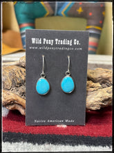 Load image into Gallery viewer, Rosemary Saunders, Navajo silversmith.  Sterling silver and Sonoran Gem turquoise dangle earrings. 
