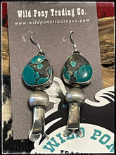 Load image into Gallery viewer, Tia Long, navajo silversmith, turquoise  and sterling silver squash blossom earrings 
