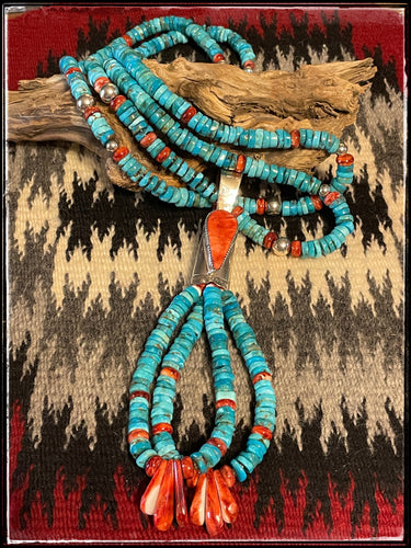 Daniel Coriz, Santo Domingo Pueblo artist - turquoise bead and spiny oyster beads along with a sterling silver, turquoise, and spiny oyster Jacla pendant. 