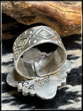 Load image into Gallery viewer, Ernest &quot;Bo&quot; Reeder, Navajo silversmith. Sterling silver and Arizona Blue turquoise set in sterling silver ring with an adjustable band.  Hallmark. 
