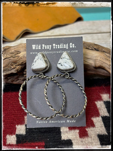Elouise Kee, Navajo silversmith.  Sterling silver and white chocolate chip magnesite stones with twist wire hoops. 