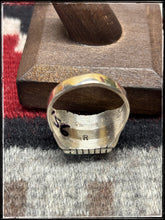 Load image into Gallery viewer, Sterling silver and Kingman turquoise signet style ring. Size 13, stamped with R.  Navajo made.  Hallmark stamp. 

