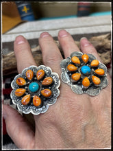 Load image into Gallery viewer, Kee Johnson, Navajo silversmith.  Sterling silver, orange spiny shell, and turquoise cluster rings with an adjustable band.  
