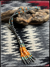 Load image into Gallery viewer, Sterling silver beads, orange spiny oyster shell beads and turquoise beads on a 28&quot; tassel necklace. 

