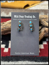 Load image into Gallery viewer, Sterling silver and turquoise cabs, petite hoop earrings. Zuni hand made. 
