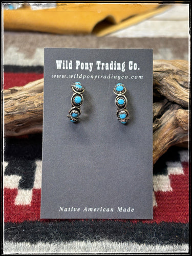 Sterling silver and turquoise cabs, petite hoop earrings. Zuni hand made. 