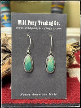Load image into Gallery viewer, Rosemary Saunders, Navajo silversmith.  Sterling silver and Sonoran Gem turquoise dangle earrings. 
