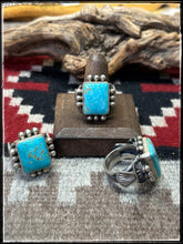 Load image into Gallery viewer, Michael Calladitto, Navajo silversmith.  Sterling silver and Kingman turquoise square rings.
