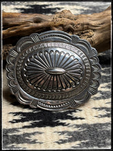 Load image into Gallery viewer, Carson Blackgoat, Navajo silversmith.  Sterling silver, hand stamped belt buckle.  
