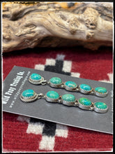 Load image into Gallery viewer, Latricia Largo, Navajo silversmith. Sterling silver and Kingman turquoise 5 stone drop earrings  
