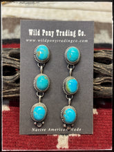 Load image into Gallery viewer, Freda Martinez, Navajo silversmith.  Sterling silver and Kingman turquoise triple drop post style earrings.  

