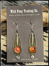 Load image into Gallery viewer, Sterling silver and orange spiny earrings from Navajo silversmith Priscilla Reeder
