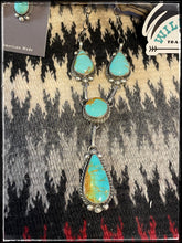 Load image into Gallery viewer, Sterling silver and Kingman turquoise Y necklace set with earrings from Navajo silversmith Augustine Largo.
