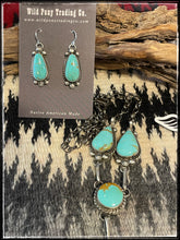 Load image into Gallery viewer, Sterling silver and Kingman turquoise Y necklace set with earrings from Navajo silversmith Augustine Largo.
