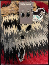 Load image into Gallery viewer, Sterling silver and onyx Y necklace set with earrings from Navajo silversmith Augustine Largo.
