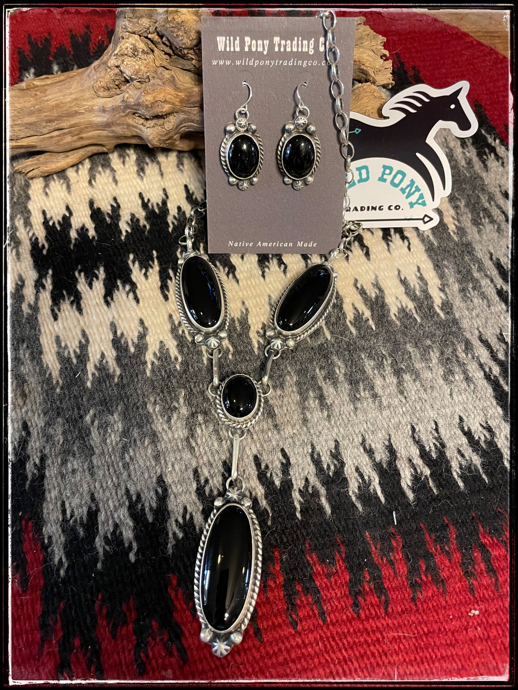 Sterling silver and onyx Y necklace set with earrings from Navajo silversmith Augustine Largo.