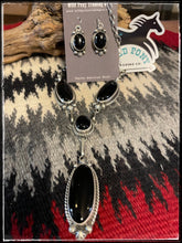 Load image into Gallery viewer, Sterling silver and onyx Y necklace set with earrings from Navajo silversmith Augustine Largo.
