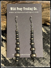 Load image into Gallery viewer, Sterling silver, mixed mm &quot;pearl&quot; style bead earrings. Graduated bead style, 3 3/4&quot; in length.
