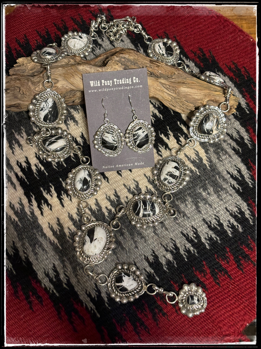 San Felipe silversmith Jacob Troncosa, sterling silver and White Buffalo lariat Y necklace set with matching earrings