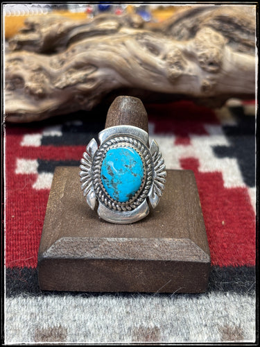 John McCray, Navajo silversmith. Sterling silver and Kingman turquoise ring. Sz 7.