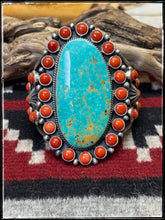 Load image into Gallery viewer, Kevin Billah , Navajo silversmith. MEGA Turquoise Cuff. Sterling silver, coral, and turquoise.
