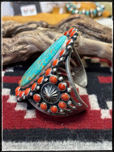 Load image into Gallery viewer, Kevin Billah , Navajo silversmith. MEGA Turquoise Cuff. Sterling silver, coral, and turquoise.
