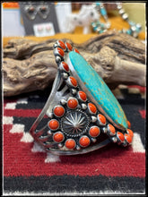 Load image into Gallery viewer, Kevin Billah , Navajo silversmith. MEGA Turquoise Cuff. Sterling silver, coral, and turquoise.
