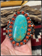 Load image into Gallery viewer, Kevin Billah , Navajo silversmith. MEGA Turquoise Cuff. Sterling silver, coral, and turquoise.
