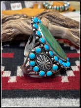 Load image into Gallery viewer, Kevin Billah , Navajo silversmith. MEGA Turquoise Cuff. Sterling silver and turquoise.
