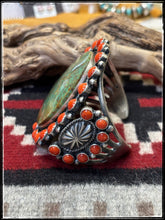 Load image into Gallery viewer, Kevin Billah, Navajo silversmith. Sterling silver, coral and turquoise mega cuff.
