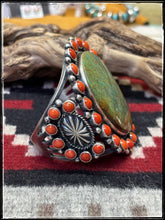 Load image into Gallery viewer, Kevin Billah, Navajo silversmith. Sterling silver, coral and turquoise mega cuff.
